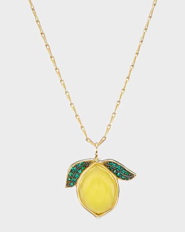 18k Yellow Gold Lemon Pendant Necklace with Opal and Emeralds